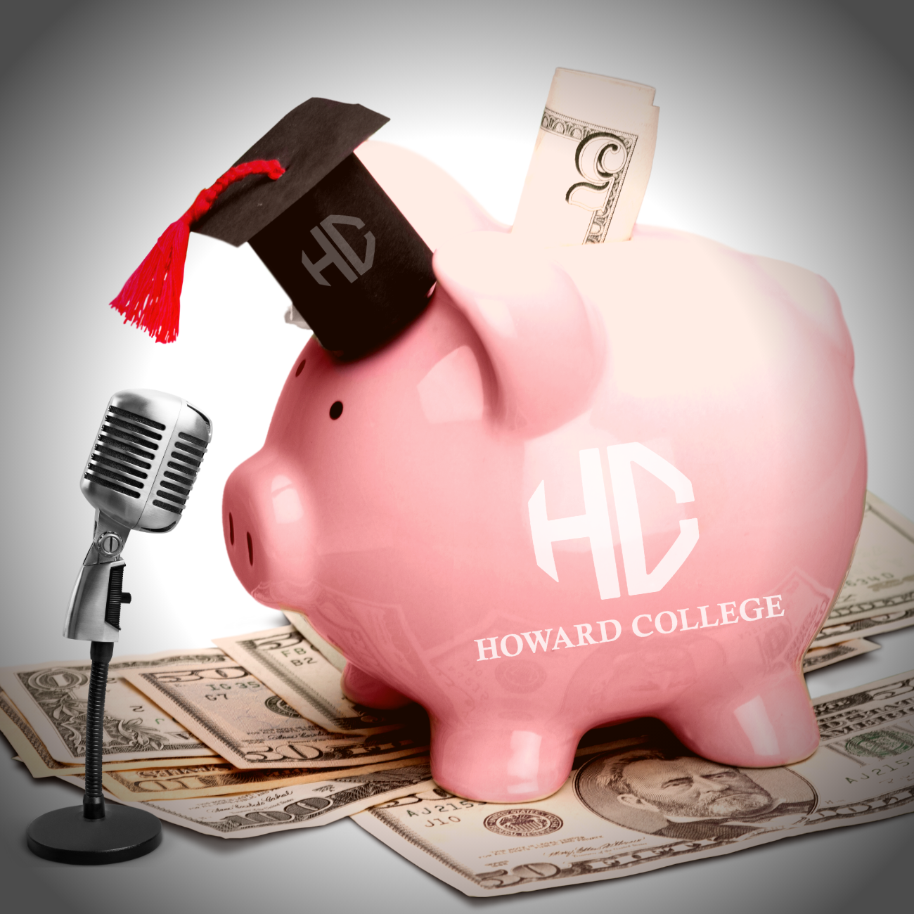 Piggy bank with H Clogo on site and grad cap on head.