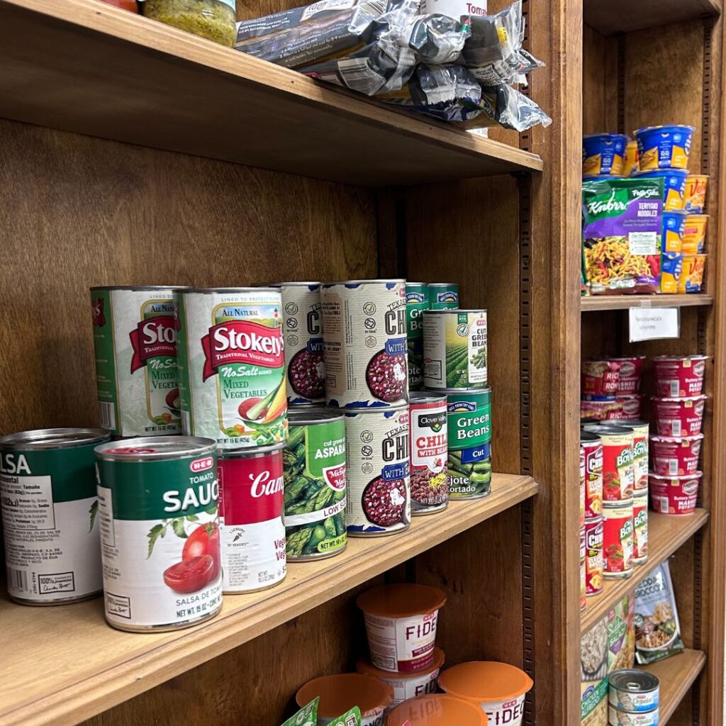 Cans of food on a wood shelf