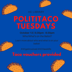 Graphic of tacos on blue background with text
