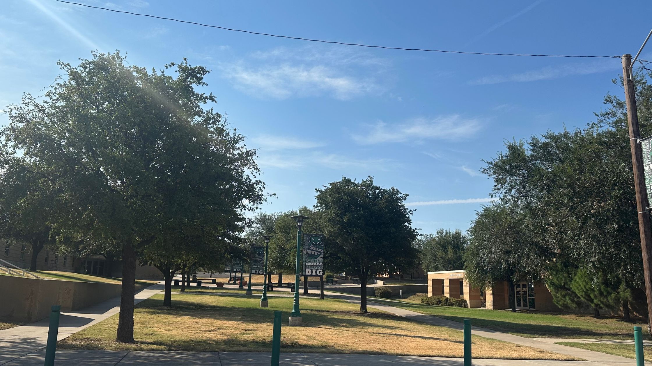 Tree-lined campus walkway with green banners displaying school spirit messages. The scene shows sidewalks, grassy areas, and buildings under a bright blue sky with light clouds.