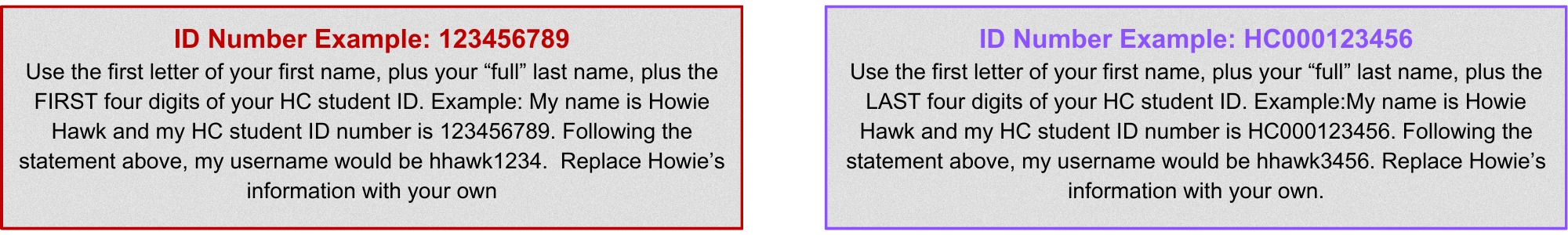 A graphic explaining the two types of student IDs. STUDENT USERNAMES (Choose your ID Type to proceed) ID Number Example: 123456789 Use the first letter of your first name, plus your “full” last name, plus the FIRST four digits of your HC student ID. Example: My name is Howie Hawk and my HC student ID number is 123456789. Following the statement above, my username would be hhawk1234. Replace Howie’s information with your own. ID Number Example: HC000123456 Use the first letter of your first name, plus your “full” last name, plus the LAST four digits of your HC student ID. Example: My name is Howie Hawk and my HC student ID number is HC000123456. Following the statement above, my username would be hhawk3456. Replace Howie’s information with your own. 