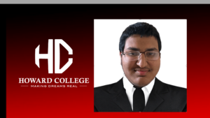 Portrait of Shrey Bhakta with Howard College logo.