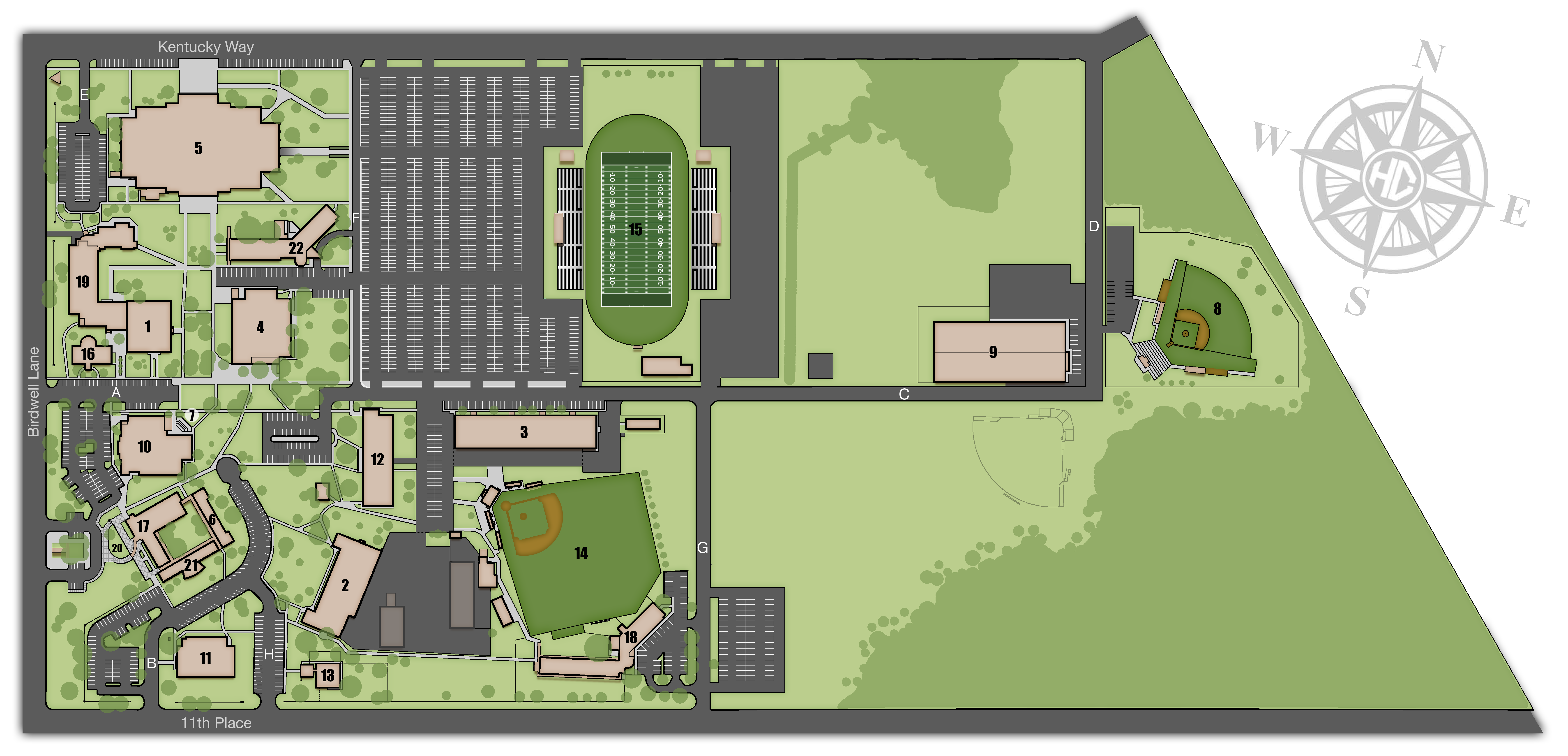 Illustration of location of buildings on a college campus