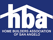 Logo for Home Builders Association of San Angelo in white lettering on blue box, with larger white letters h, b, a under white line in shape of roof