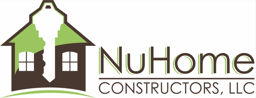 Logo for NuHome Constructors, Limited Liability Company with illustration of green and brown house, with white key in the center