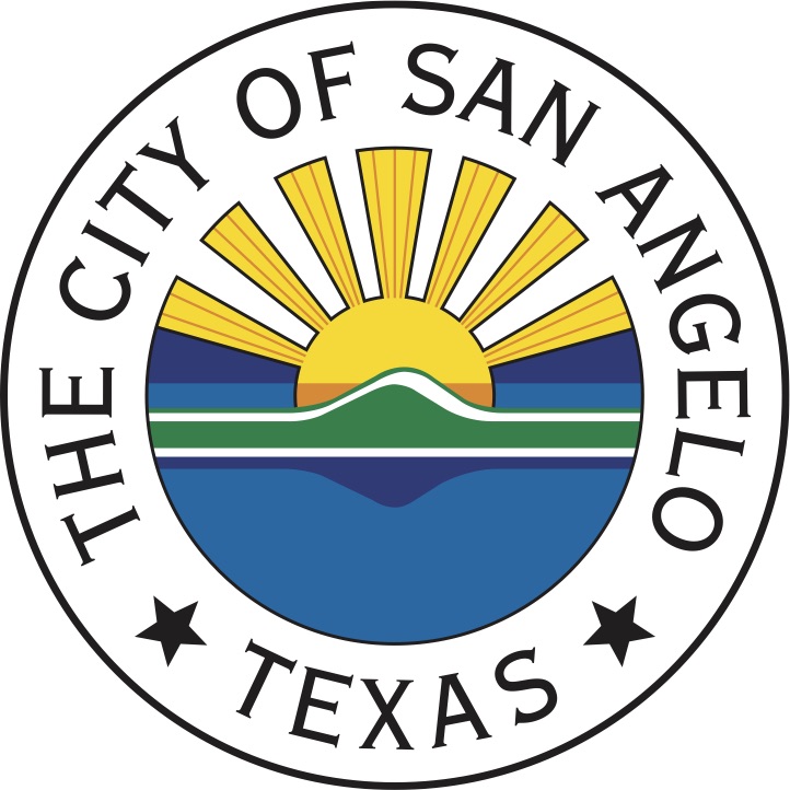 Circle with logo for The City of San Angelo, Texas, illustrating blue for water, green for land, and orange and yellow for the sunrise.