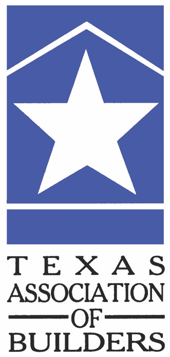Logo for Texas Association of Builders with blue box, white lines in shape of house, and large white star in center