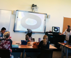 students and teacher in classroom looking at smart board